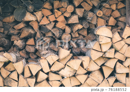 Logs of firewood piled under the roof of slate. Fuel for stove heating. Country life. Wooden firewood stacked wall. Natural wood background. Firewood stacked in several rows 76188552