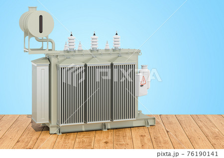 Transformer oil, high voltage power transformer on the wooden planks, 3D rendering 76190141