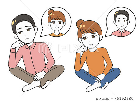 あぐらをかく パートナーについて悩む 男女のイラスト素材 あぐらをかく パートナーについて悩む 男女のイラスト素材
