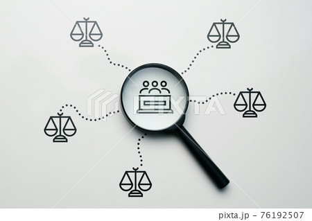 Jury search concept for trial with abstract magnifying glass Jury search concept for trial with abstract magnifying glass 76192507