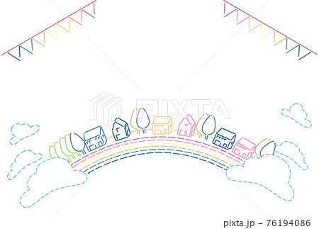 虹の街 ガーランド 夏 線画 背景 イラストのイラスト素材