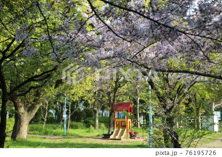 木に囲まれた公園の中にある滑り台 木に囲まれた公園の中にある滑り台 76195726