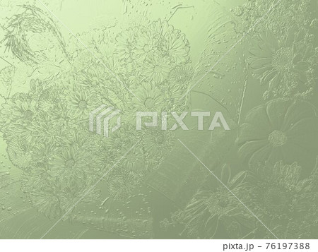 花とススキとカボチャがエンボスされたメタリックグリーンの背景 3dイラストのイラスト素材