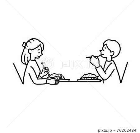 パスタを食べるカップルの線画イラストのイラスト素材
