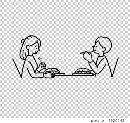 パスタを食べるカップルの線画イラストのイラスト素材