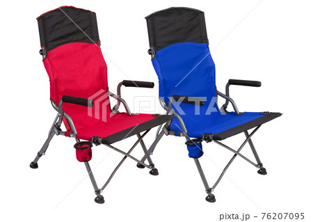 two armchairs, red and blue, for camping or for fishing, stand nearby, on a white background, concept two armchairs, red and blue, for camping or for fishing, stand nearby, on a white background, concept 76207095