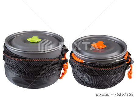two sets of metal utensils for camping, on a white background, sets are collected in a pan, in covers made of mesh fabric, horizontal arrangement 76207255