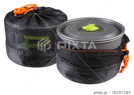 two sets of utensils for camping or for hiking, stand side by side, on a white background 76207284