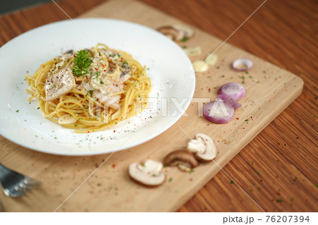 top view of spaghetti carbonara lunch dinner meal 76207394