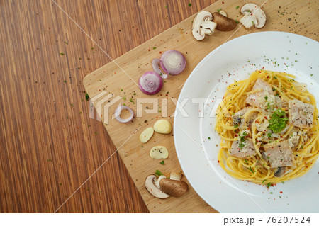 top view of spaghetti carbonara lunch dinner meal top view of spaghetti carbonara lunch dinner meal 76207524