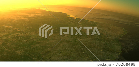 Section of the earth's surface with orange glowing and dense atmosphere over the rainforest 76208499