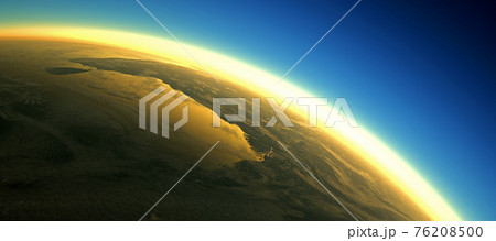 Section of the earth's surface with orange glowing and dense atmosphere to illustrate global warming 76208500
