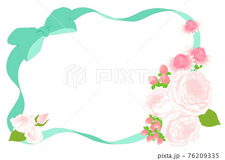 ピンクの花とブルーのリボンフレームのイラスト素材