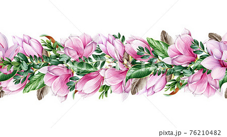 Magnolia Flower And Leaf Seamless Border のイラスト素材