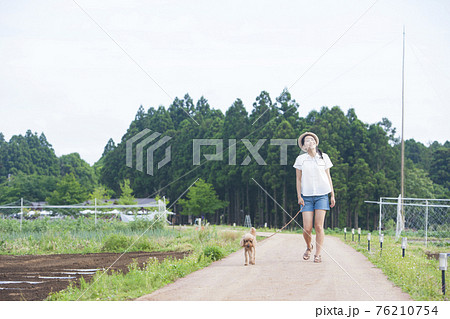 犬と散歩する女性 76210754