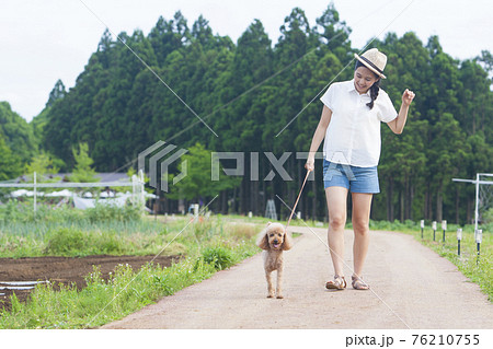 犬と散歩する女性 犬と散歩する女性 76210755