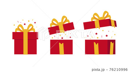 Set of festive gift box, red box wrap and yellow ribbon, closed and open with bright confetti 76210996