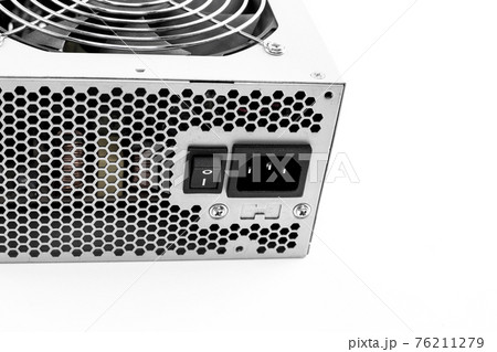 power supply button, close-up on an isolated background power supply button, close-up on an isolated background 76211279
