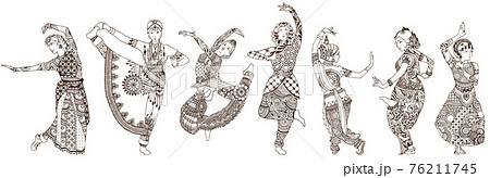 Dancers on a white background. Set of ornate oriental girls drawn in mehndi style. Dancers on a white background. Set of ornate oriental girls drawn in mehndi style. 76211745