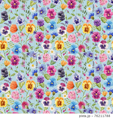 Beautiful vector seamless floral pattern with watercolor gentle colorful summer pansy flowers. Stock illustration. 76211788
