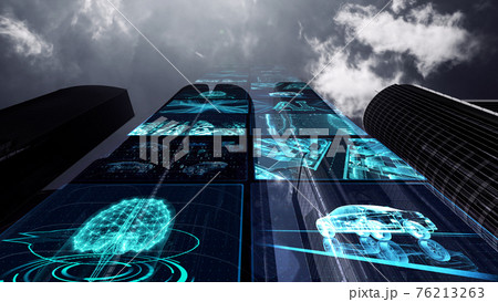 スマートシティ 人工知能 監視社会 都市 ネットワーク テクノロジー 3D イラスト 76213263