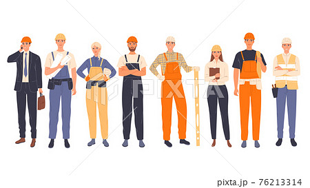 Group of construction workers in uniform, men and women of different specialties chief, engineer, worker Group of construction workers in uniform, men and women of different specialties chief, engineer, worker 76213314