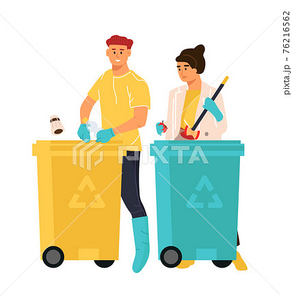 People putting rubbish in trash bins. Cartoon man and woman sorting garbage. Characters separate plastic and organic waste. Persons throw litter in dustbin. Vector recycling and utilization 76216562