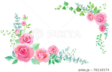 ピンクの薔薇とユーカリなどのグリーンリーフの装飾フレーム 水彩イラスト のイラスト素材
