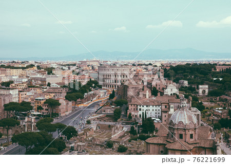 Panoramic view of city Rome with Roman forum and Colosseum from Vittoriano 76221699