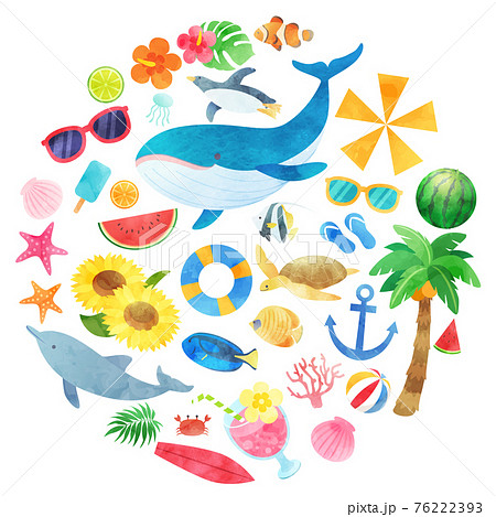 夏のイメージの海の生き物と物のベクターイラストアイコンセット素材のイラスト素材