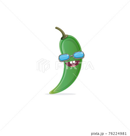 vector funny cartoon green hot chilli pepper character with sunglasses isolated on azure background. funky smiling cute mexican paprika pepper vegetable character. 76224981