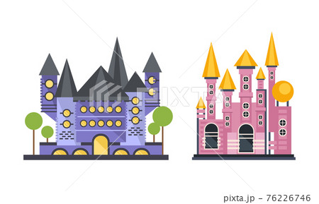 Fairytale Princess Castle Towers Set, Medieval Palace Facades Cartoon Vector Illustration 76226746