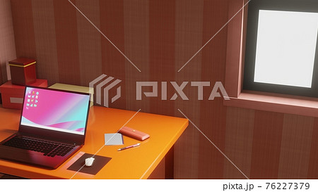 ピンクストライプ壁紙の可愛い部屋 3dcgインテリア ノートパソコンのイラスト素材