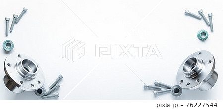 Auto equipment. Auto motor mechanic spare or automotive piece on white banner background. Set of new metal car part. Repair and vehicle service with space for text. 76227544