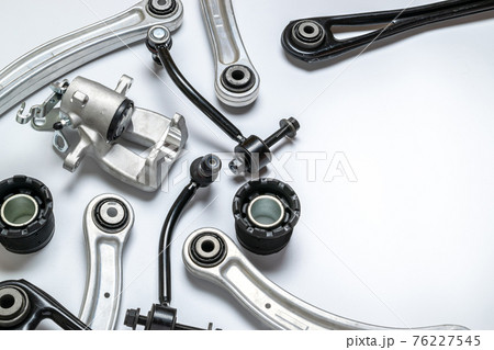 Engine gears. Auto motor mechanic spare or automotive piece on white background. Set of new metal car part. Technology of mechanical gear. 76227545