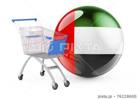 Shopping cart with The United Arab Emirates flag. Shopping in the UAE concept. 3D rendering 76228600