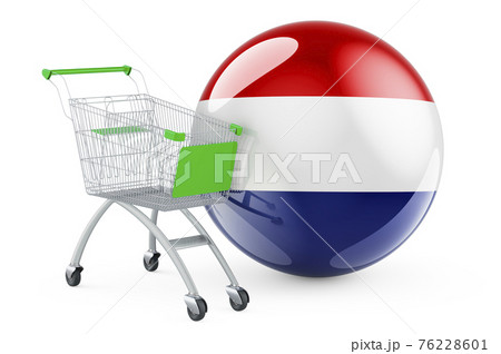 Shopping cart with The Netherlands flag. Shopping in the Netherlands concept. 3D rendering Shopping cart with The Netherlands flag. Shopping in the Netherlands concept. 3D rendering 76228601