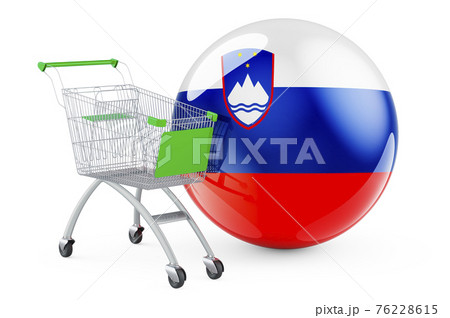 Shopping cart with Slovenian flag. Shopping in Slovenia concept. 3D rendering 76228615