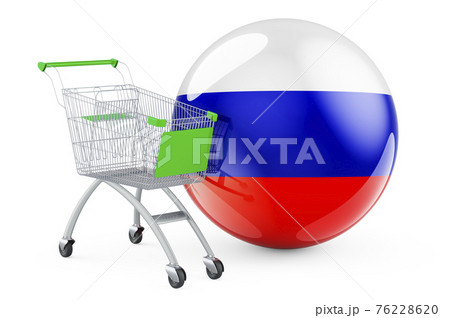 Shopping cart with Russian flag. Shopping in Russia concept. 3D rendering Shopping cart with Russian flag. Shopping in Russia concept. 3D rendering 76228620