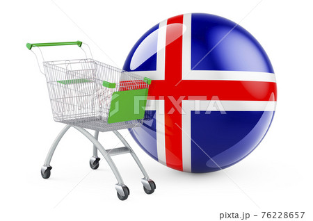 Shopping cart with Icelandic flag. Shopping in Iceland concept. 3D rendering 76228657