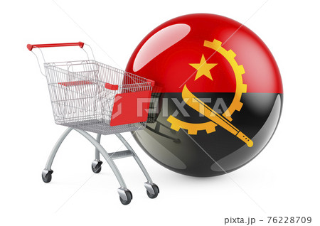 Shopping cart with Angolan flag. Shopping in Angola concept. 3D rendering Shopping cart with Angolan flag. Shopping in Angola concept. 3D rendering 76228709