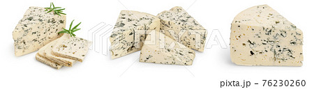 Blue cheese with rosemary isolated on white background with full depth of field. Set or collection 76230260