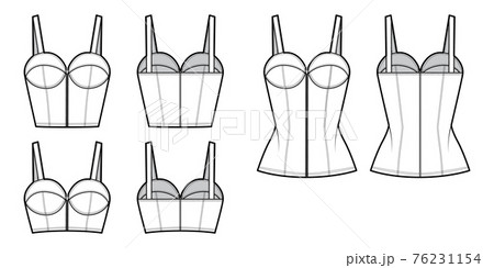 Set of Denim corset tops bustier technical fashion illustration with basque, thin straps, zip-up closure, fitted body. 76231154