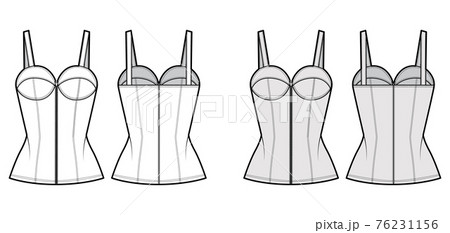 Denim corset top bustier technical fashion illustration with basque, thin straps, zip-up closure, cups, fitted body. 76231156