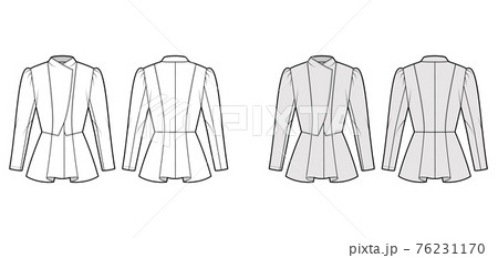 Peplum hem jacket technical fashion illustration with fitted body, long gigot sleeves, wrap collar opening. Flat coat Peplum hem jacket technical fashion illustration with fitted body, long gigot sleeves, wrap collar opening. Flat coat 76231170