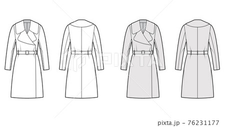 Belted coat technical fashion illustration with long sleeves, huge notched collar, oversized body, knee length. Flat Belted coat technical fashion illustration with long sleeves, huge notched collar, oversized body, knee length. Flat 76231177