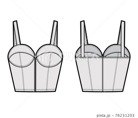 Denim bustier top technical fashion illustration with thin straps, zip-up closure, cups, slim fit, waist crop length. 76231203