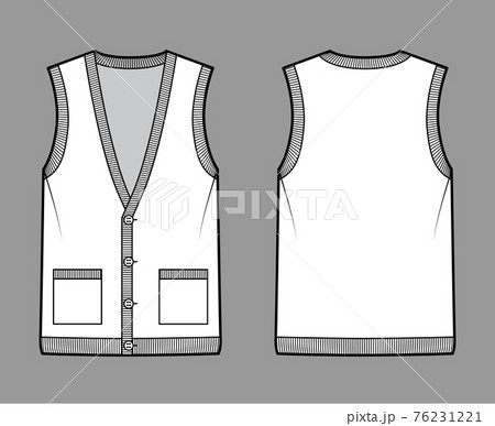 Cardigan vest sweater waistcoat technical fashion illustration with sleeveless, rib V-neckline, button closure, pockets Cardigan vest sweater waistcoat technical fashion illustration with sleeveless, rib V-neckline, button closure, pockets 76231221