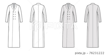 Classic coat technical fashion illustration with maxi floor ankle length, long sleeves, notched collar, double breasted Classic coat technical fashion illustration with maxi floor ankle length, long sleeves, notched collar, double breasted 76231222