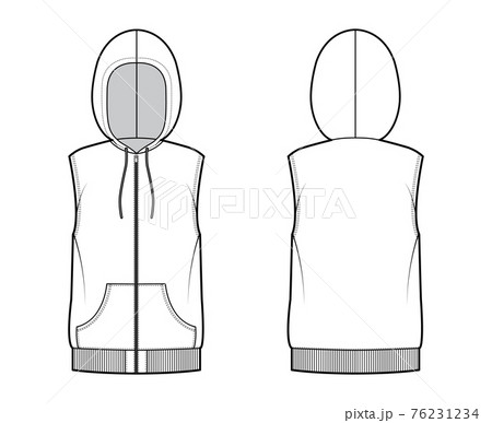 Hooded vest puffer waistcoat technical fashion illustration with sleeveless, kangaroo pouch, zip-up closure, oversized 76231234